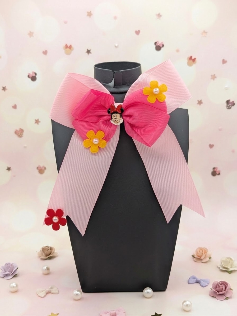 Large Minnie Mouse Layered Ribbon Hairbow With Minnie Charm